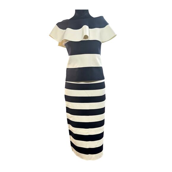 Ann Taylor Navy White Striped 2-Piece Set Skirt M Top SP Off Shoulder Midi Set - Picture 1 of 12